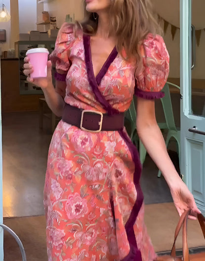 maisonnox® | Elegante Roze Maxi Dress met Korte Mouwen
