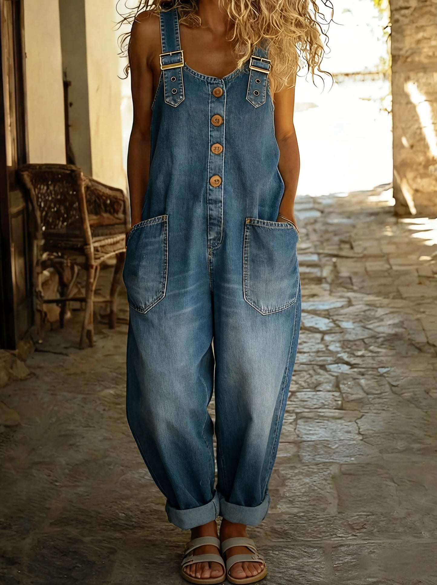 maisonnox® | Loszittende denim jumpsuit met verstelbare sluiting.