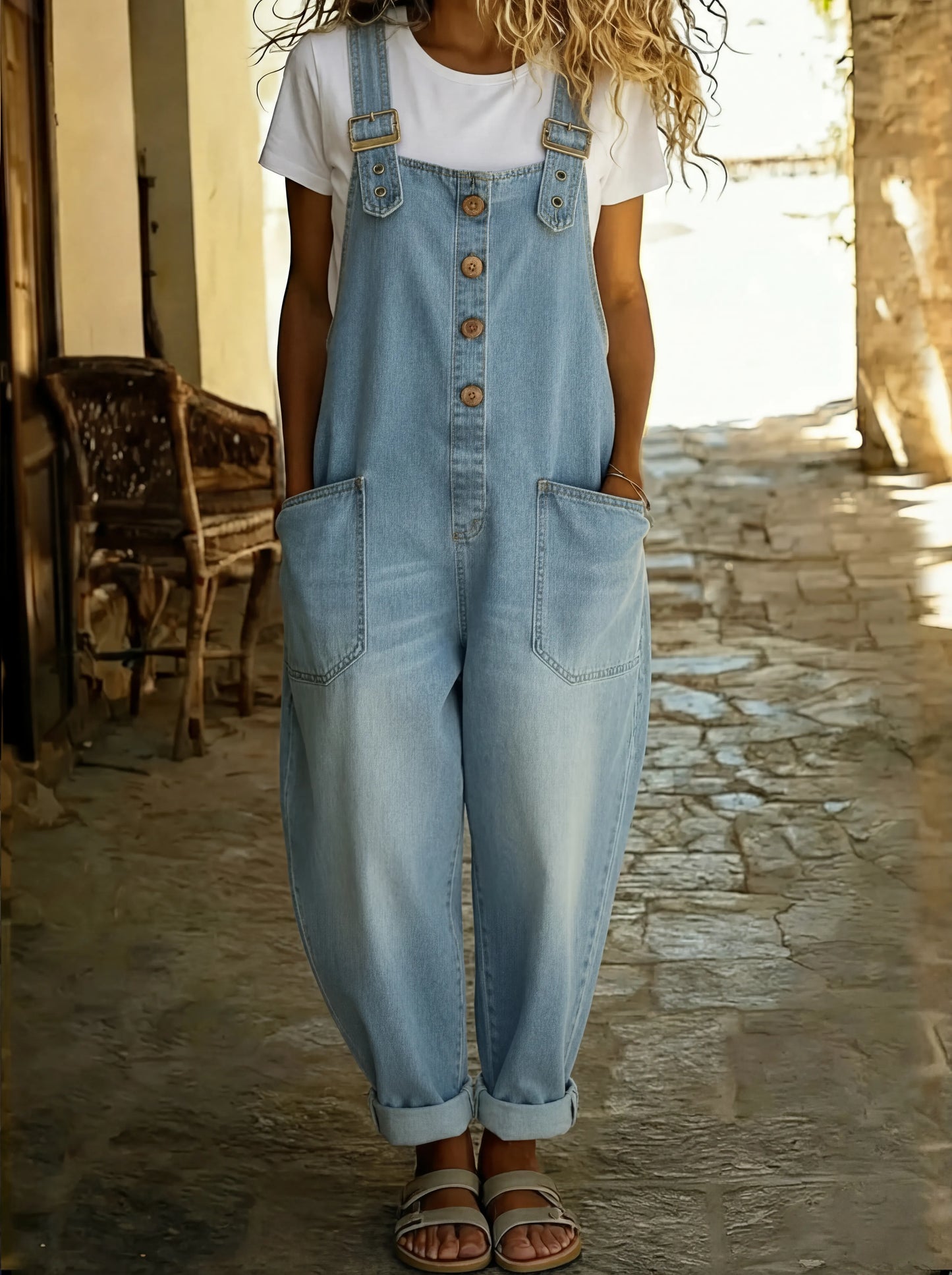 maisonnox® | Loszittende denim jumpsuit met verstelbare sluiting.