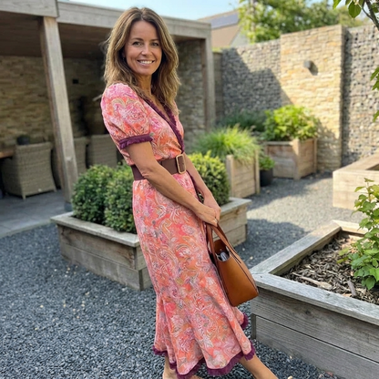 maisonnox® | Elegante Roze Maxi Dress met Korte Mouwen