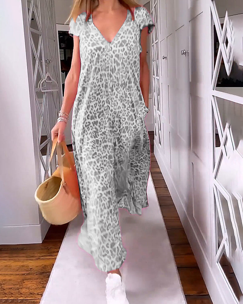 MaisonNox® | Lange Geprinte Jurk met V-hals en Korte Mouwen voor een Boho Zomerse Look