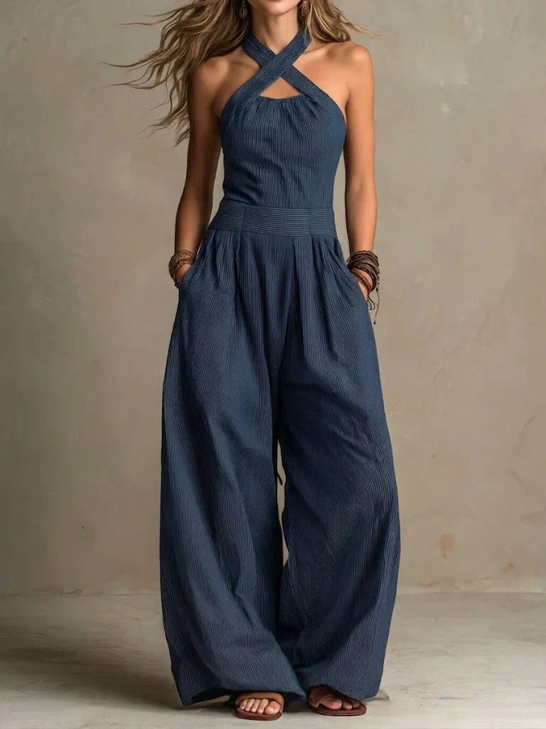 maisonnox® | Eendelige linnen-katoenen jumpsuit met elegante overslaghalslijn.