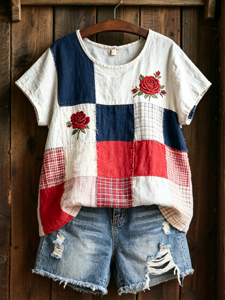 maisonnox® | Dames T-shirt van linnen met rozenprint