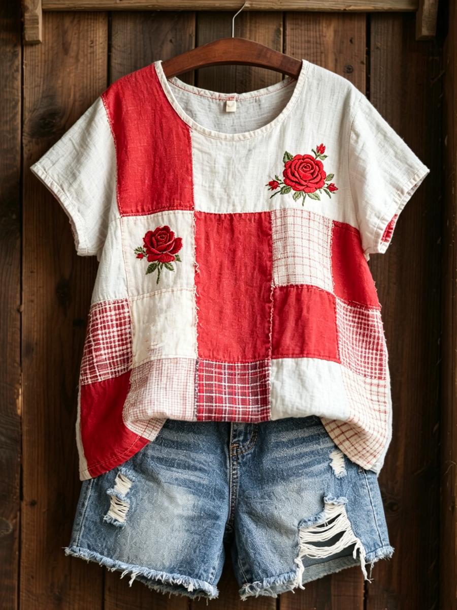 maisonnox® | Dames T-shirt van linnen met rozenprint