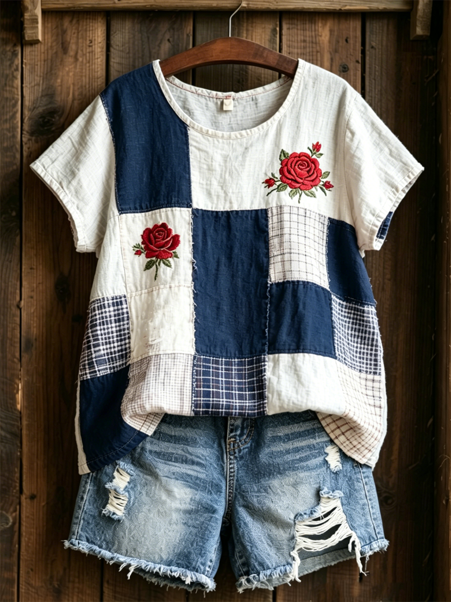 maisonnox® | Dames T-shirt van linnen met rozenprint